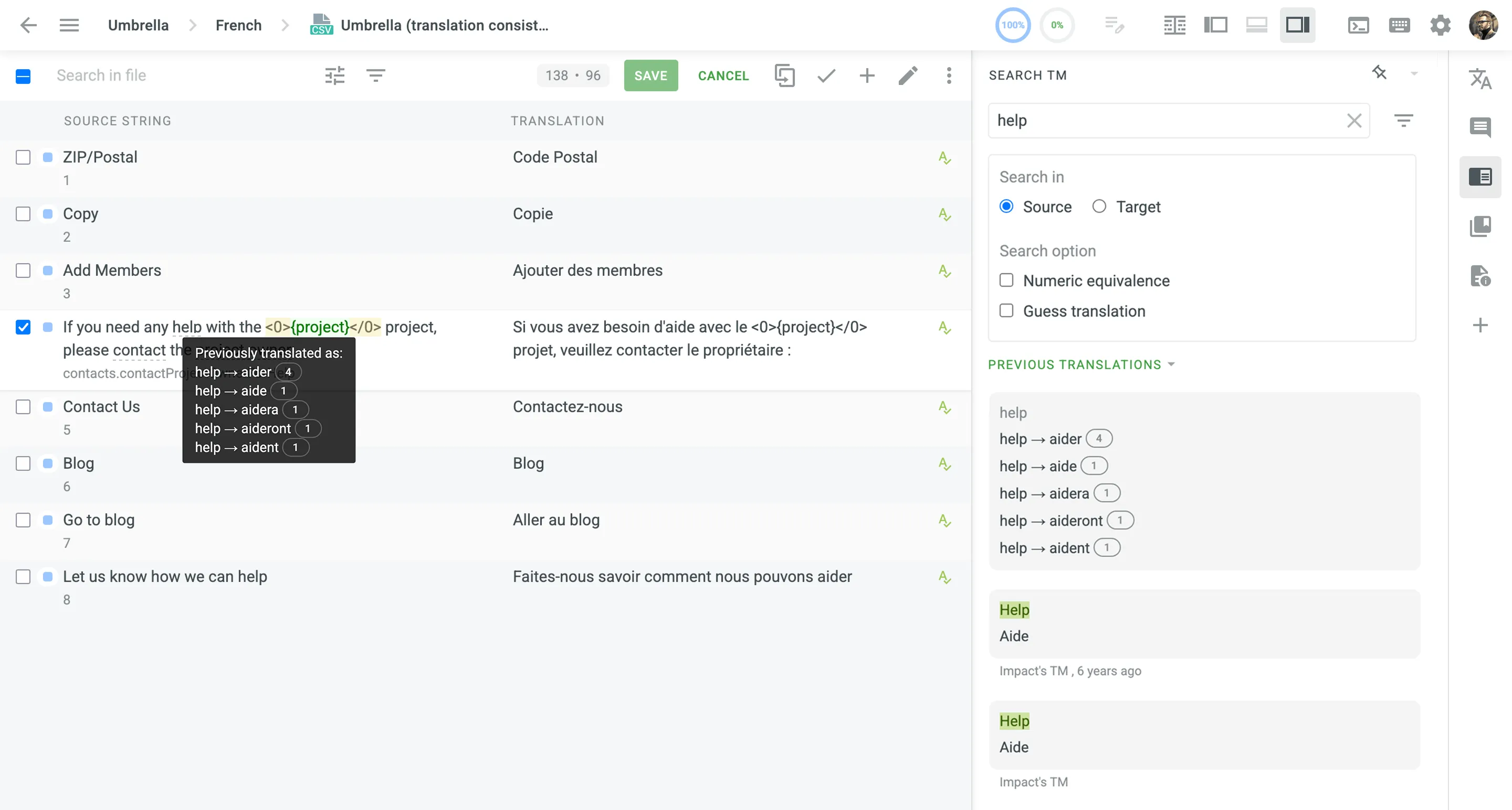 Previous translations in the Editor